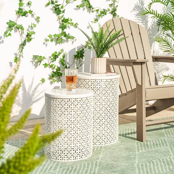 Glitzhome Multi-Functional Metal Cream White Garden Stool or Planter Stand or Accent Table or Side Table (Set of 2)