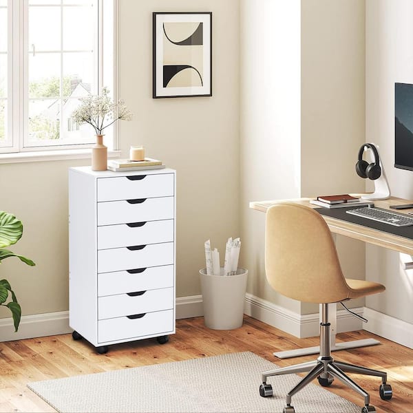 7-Drawer White Wood 18.9 in. W Vertical Storage Dresser with Wheels Makeup Dresser File Cabinet