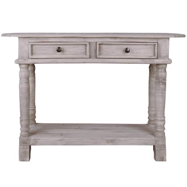AndMakers Shabby Chic Cottage 47 in. Natural Limewash Rectangle Solid Wood Console Table with 2-Drawers