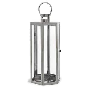 23 in. H Stainless Steel Lantern with Cap and Handle for Patio Garden, Silver