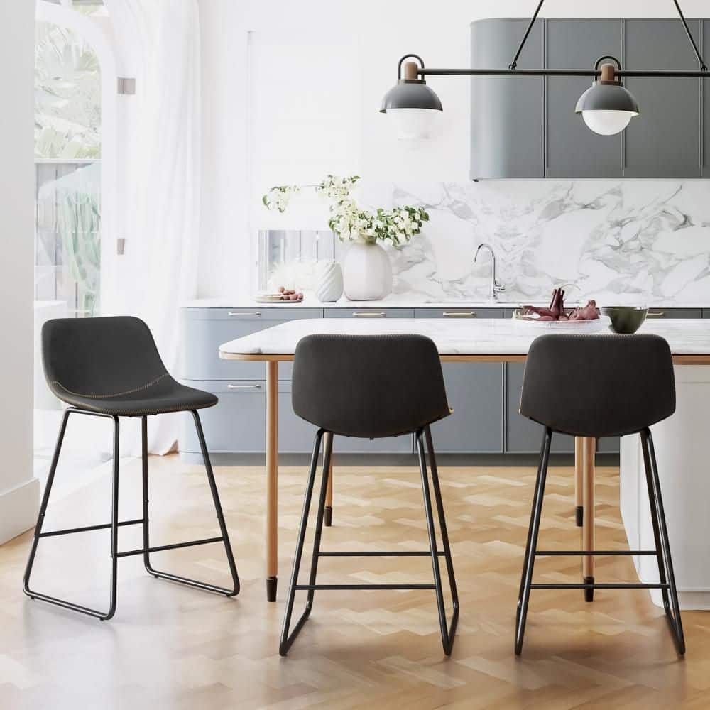 24 in.H Black Faux Leather Upholstered Barstools Metal Hambrook Curved Back Counter Height Bar Stools (Set of 3)