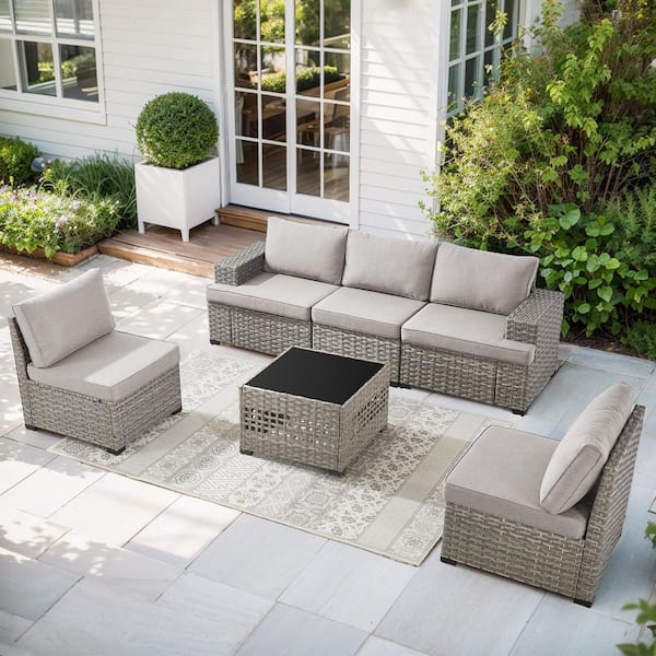ModNest Taupe 6-Piece Wicker Patio Conversation Set, Modular Sofa Set with Beige Cushions and Coffee Table