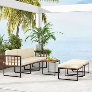 6 of Pieces Acacia Wood Patio Sectional Seating Set with Beige Cushions