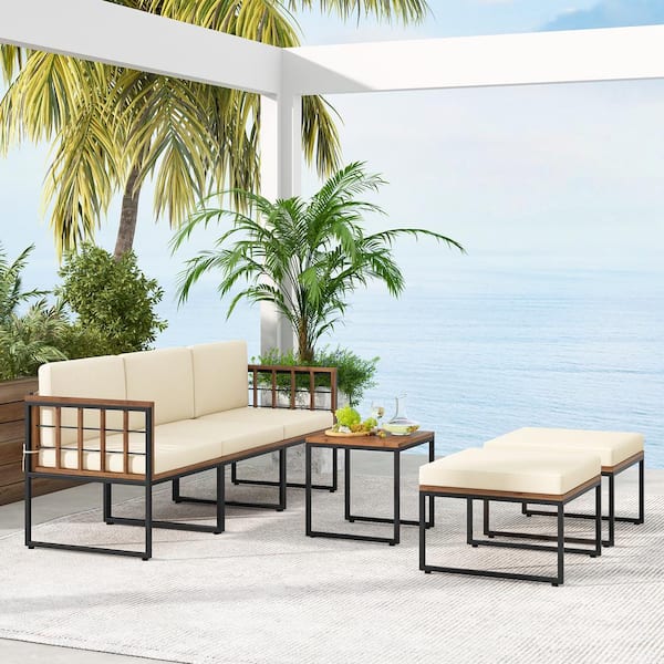 6 of Pieces Acacia Wood Patio Sectional Seating Set with Beige Cushions