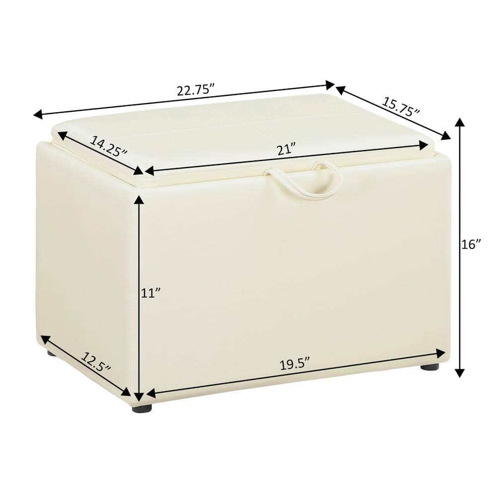Ivory Faux Leather 23" Multifunctional Storage Ottoman with Reversible Tray