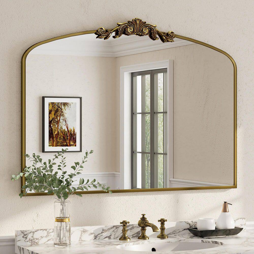 44 in. W x 32 in. H Arch Aluminum Alloy Framed French Cleat Mounted Baroque Wall Decor Bathroom Vanity Mirror in Gold price history on PriceWatchPro