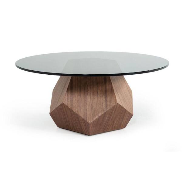 Benjara Cid 35 in. Walnut Round Glass Coffee Table with Geometric Block Pedestal Base