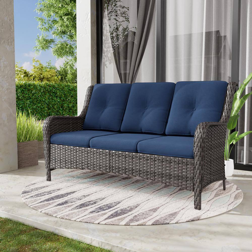 JOYSIDE 3-Seat Wicker Outdoor Patio Sofa Sectional Couch with Blue ...