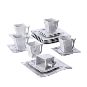 Flora 18-Piece Marble Grey Porcelain Dinnerware Set with 6-Dessert Plates,6-Cups and 6-Saucer (Service For 6)