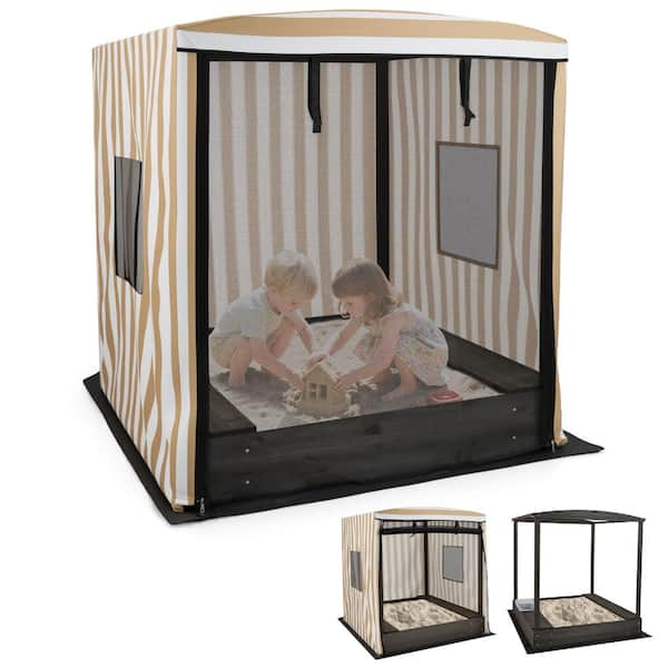 48 in. Fir Wood Kids Sandbox with Oxford Canopy, Storage Bench and Bottom Liner, Brown