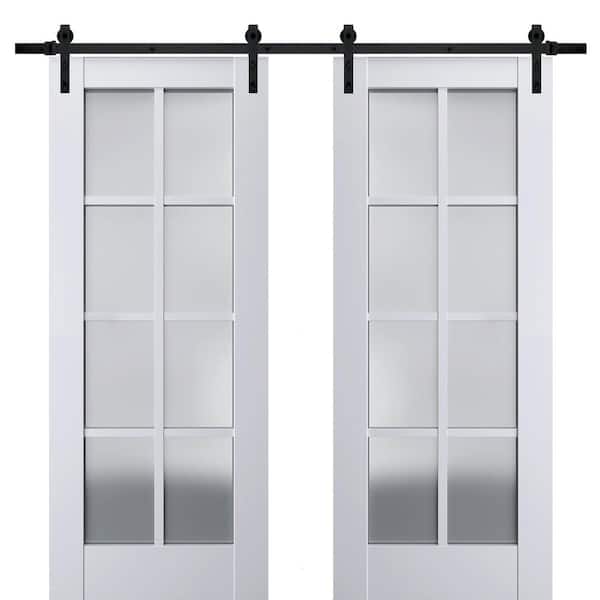 Sartodoors 28 in. x 96 in. 2 Panel Frosted Glass White Solid Wood Sliding Barn Door with Hardware Kit
