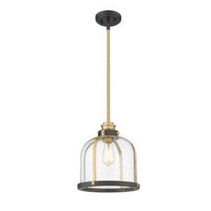 1-Light Bronze and Brass Pendant with Clear Seedy Glass