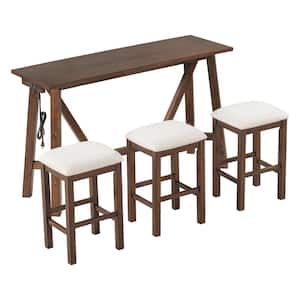 Dark Walnut 4-Piece Dining Table with 3 Upholstered Stools