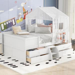 White Wood Frame Full Size House-Shaped Low Loft Bed with 4-Drawer and Stairs