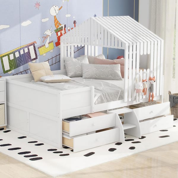 Harper & Bright Designs White Wood Frame Full Size House-Shaped Low Loft Bed with 4-Drawer and Stairs