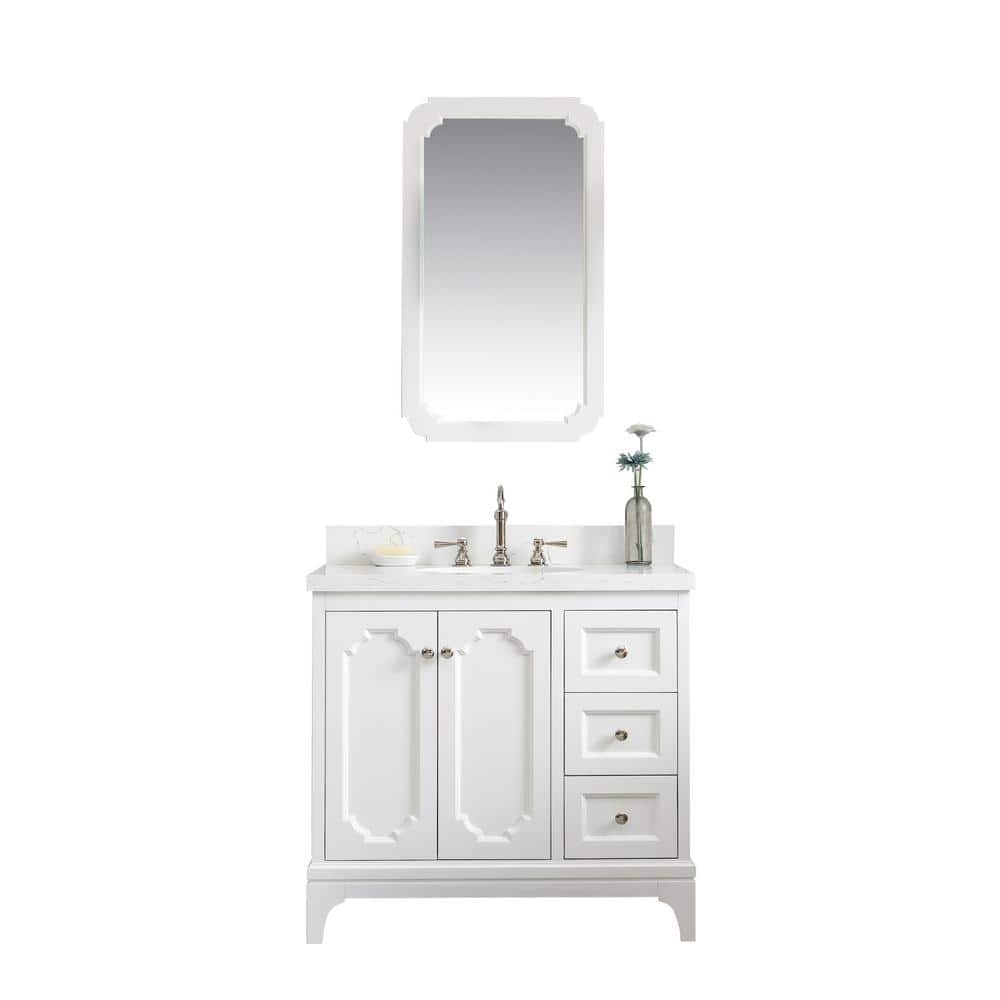 Pure White 36'' Single Bathroom Vanity with Quartz Carrara Top and Mirror