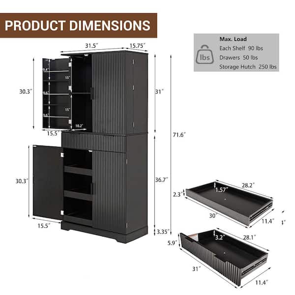 Bezeit 72 in. Tall Black Wood Kitchen Pantry Cabinet with 3
