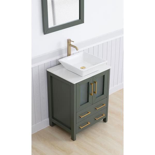24 in. W Single Basin Vintage Green Bath Vanity with White Engineered Marble Top and Mirror