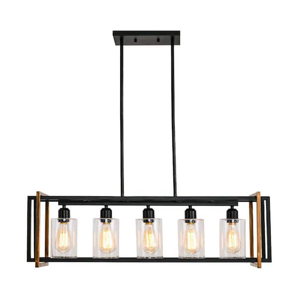 Lodgecage 5-Light Black Finish Industrial Rectangle Chandeliers for kitchen island with No Bulbs included
