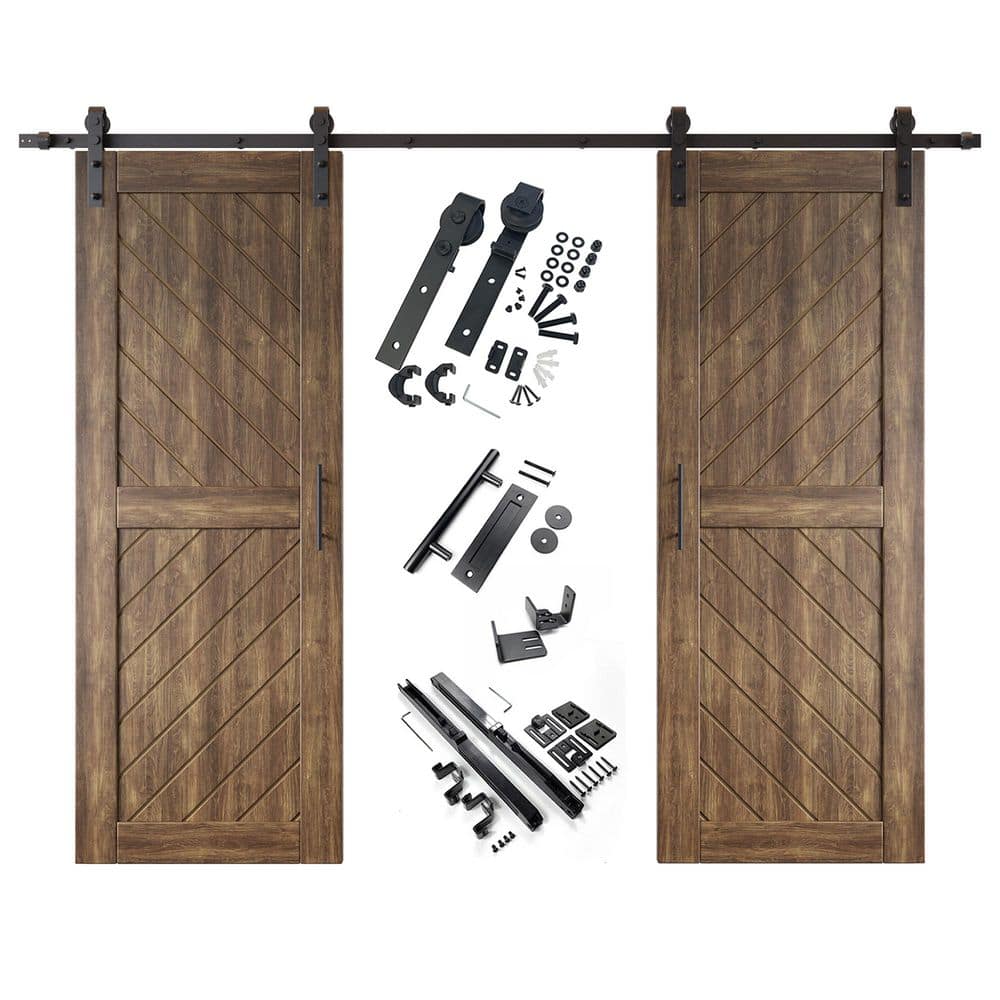 XT4 30 in. x 80 in. C-Panel Dark Walnut Slanted Stripe Design Double Pine Wood Sliding Barn Door with Hardware Kit price history on PriceWatchPro