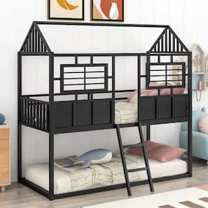 Black Twin Over Twin Size Metal Low Bunk Beds with Roof and Fence-shaped Guardrail