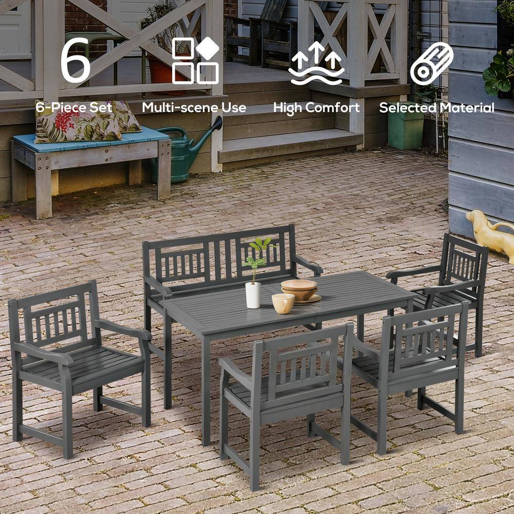 6-Piece Dark Gray Poplar Wood Patio Dining Set with Bench
