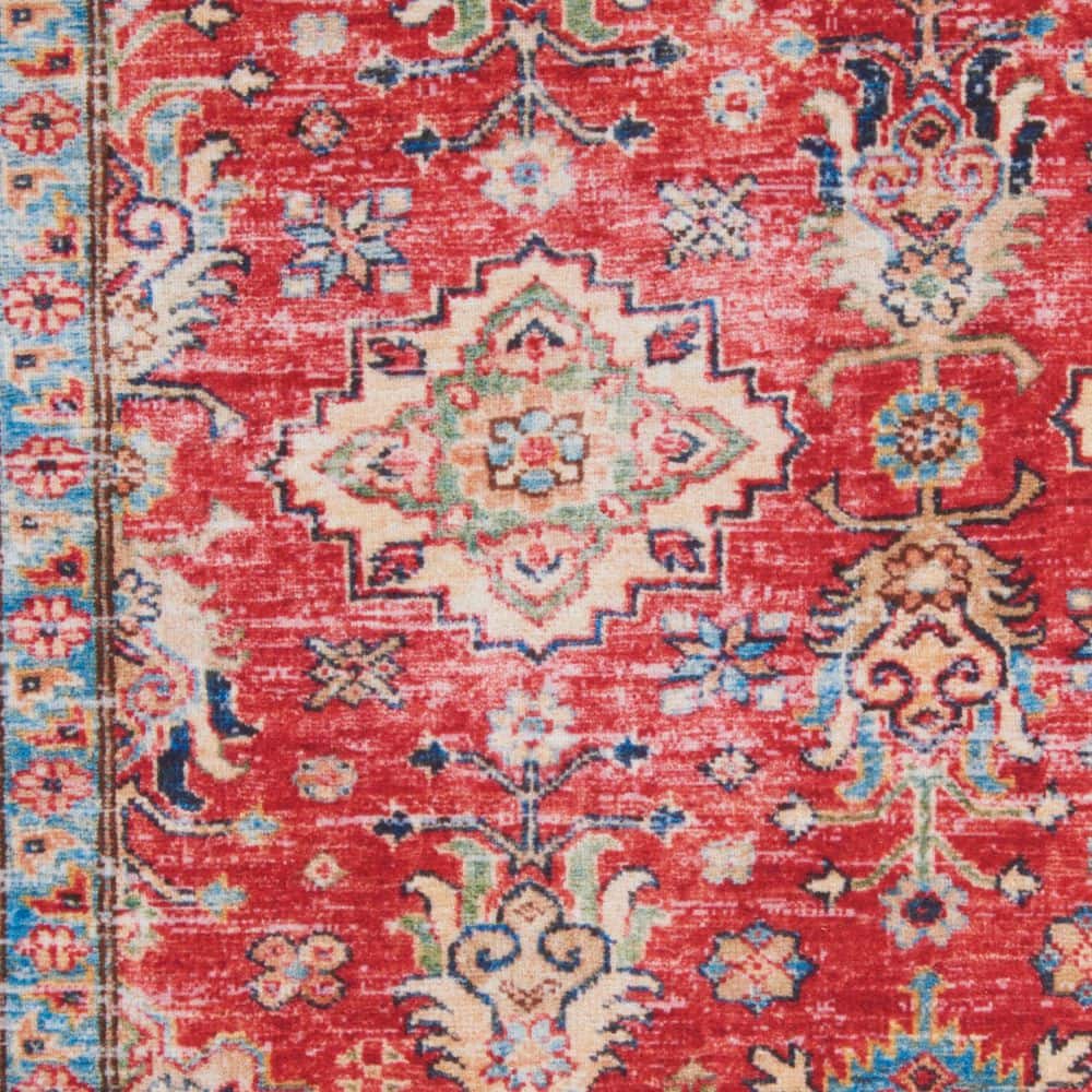Red and Beige Synthetic Runner Rug with Non-Slip Backing