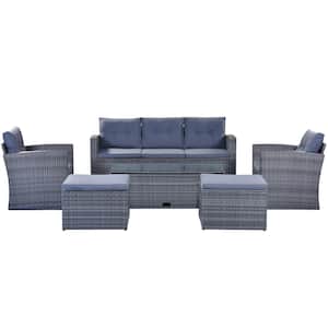 Dark Gray 6-Piece PE Rattan Wicker Outdoor Furniture Conversation Sofa Chair with Coffee Table and Gray Cushion