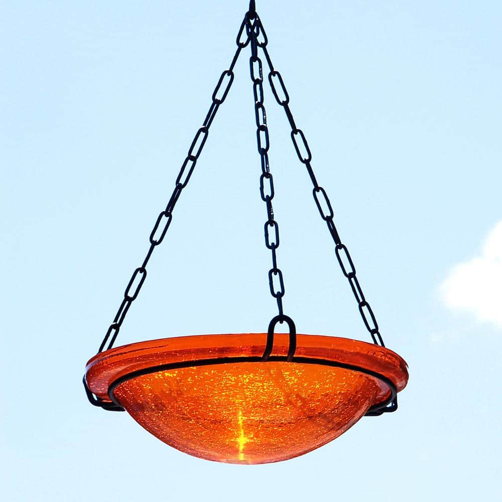 Mandarin Orange Hand-Blown Crackled Glass Hanging Birdbath Bowl