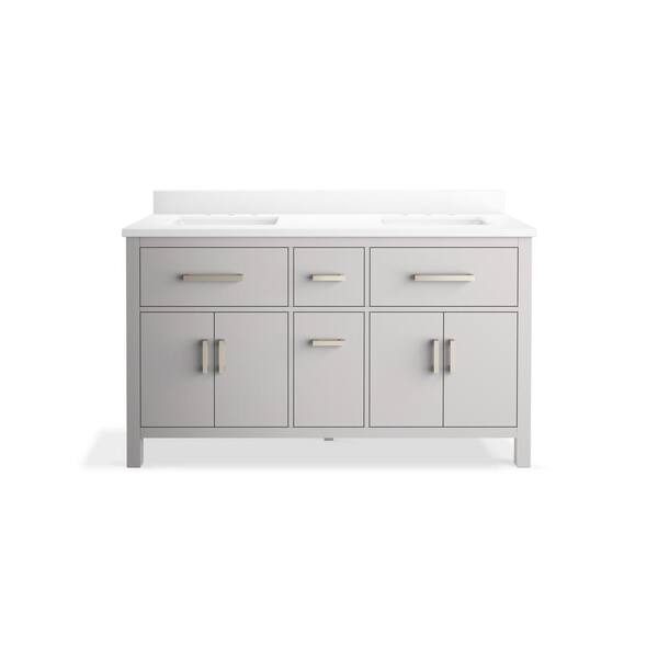 KOHLER Kresla 61in. Double Sink Freestanding Atmos Grey Bath Vanity with White Quartz Top Assembled