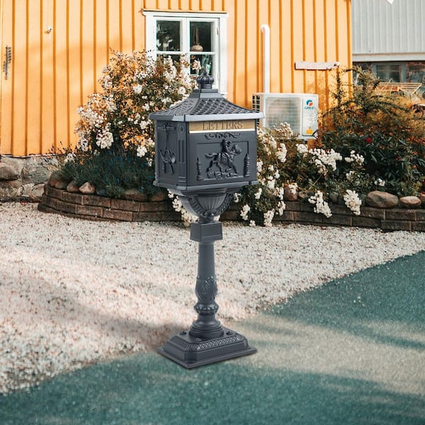 Unbranded Gray Cast Aluminum Post Mount Mail Box with Premium Post Combo