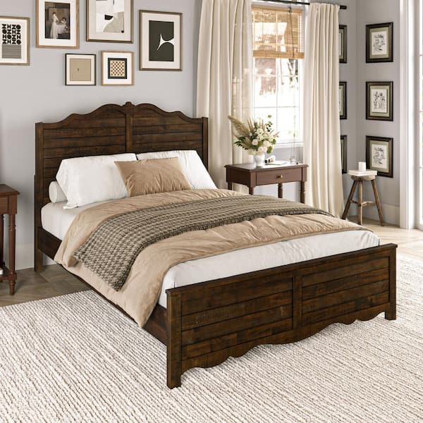 Classic Farmhouse Dark Walnut Brown Solid Wood Bed Frame Queen Platform Bed with Wavy Curved Headboard and Footboard