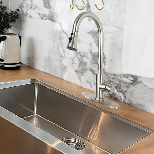 17.32 in. Single Handle Pull Down Sprayer 360 Degree Spout Swivel Kitchen Faucet with Pause Button in Brushed Nickel