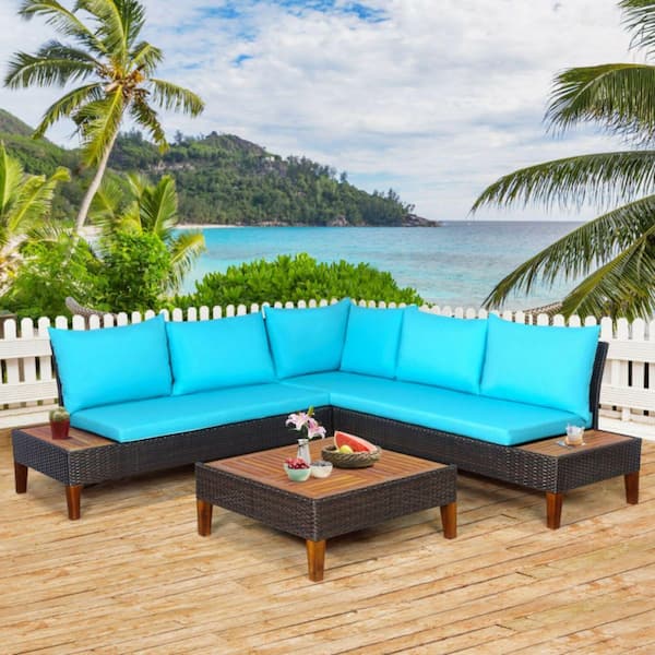 Kadehome 4-Pieces Rattan Wicker Patio Conversation Set with Cushions in Blue Outdoor Sectional Sofa Set Wooden Side Table