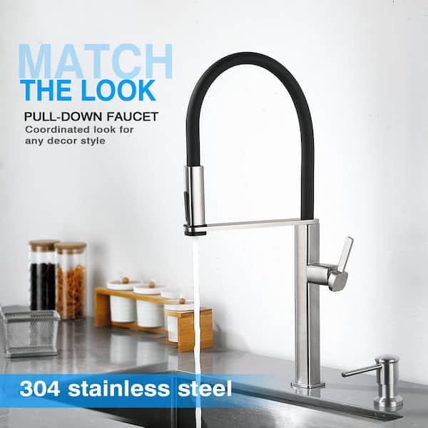 24 in. Pull Down Sprayer Kitchen Faucet with 360° Swivel Silicone Wand and Soap Dispenser in Brushed Nickel