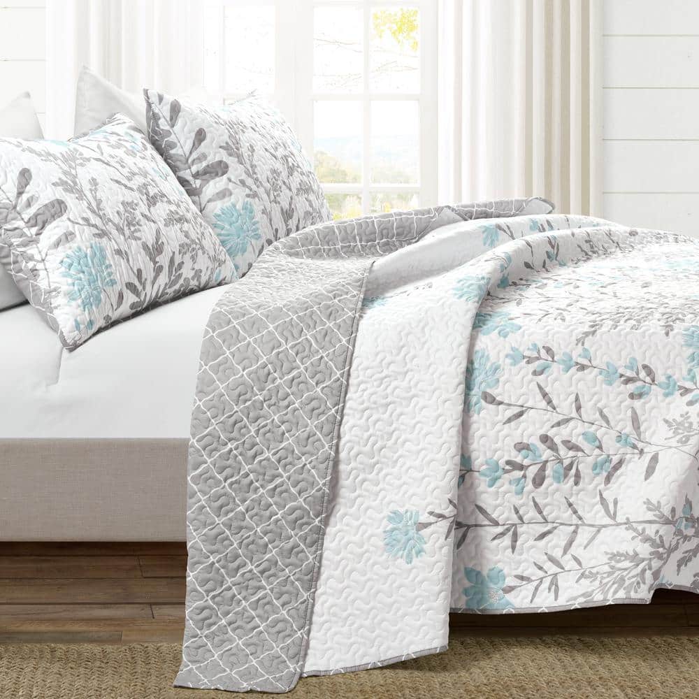 Blue and Gray Reversible Floral Microfiber Full Quilt Set