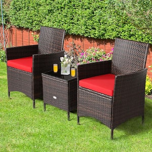 3-Pieces Outdoor Rattan Conversation Set Patio Furniture Set with Red Cushions