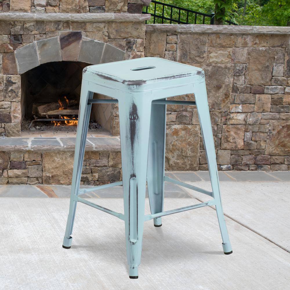 24" Distressed Green-Blue Metal Backless Counter Stool