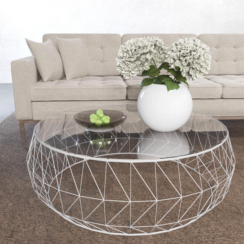 White Round Glass Top Coffee Table with Metal Base