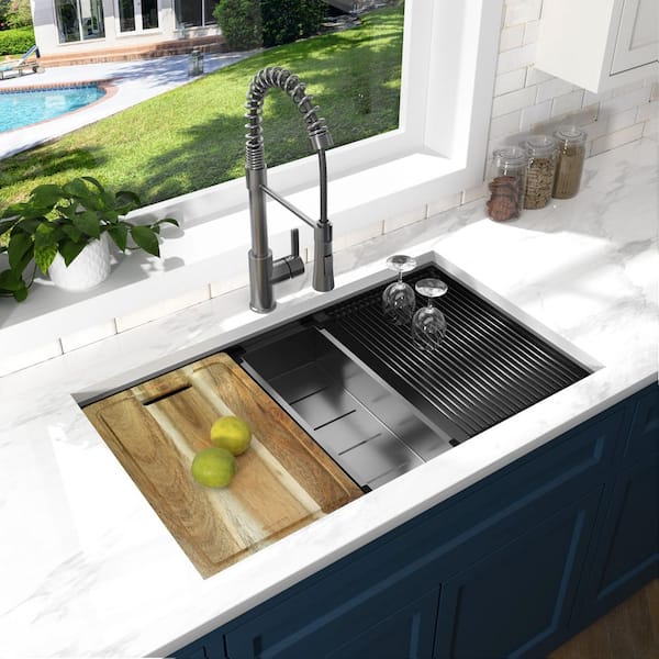 32 in. Undermount Single Bowl 18 Gauge Gunmetal Black Stainless Steel Workstation Kitchen Sink with Spring Faucet