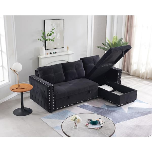 GODEER 91 in. W 2-Piece Velvet Sectional Sofa with Pulled out Bed, Reversible Chaise with Storage in Black
