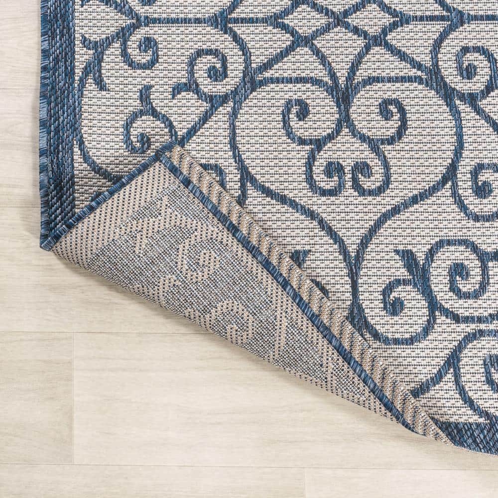 Madrid Boho-Chic Blue and Cream Geometric Round Indoor/Outdoor Rug