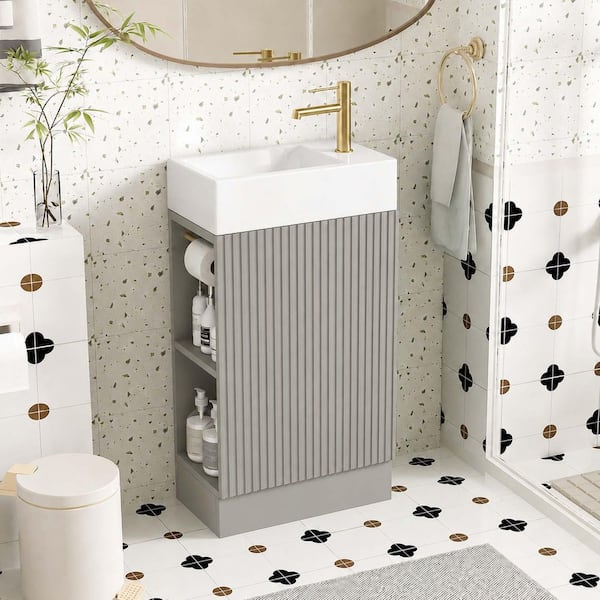 18.6" Grey Bathroom Vanity With Sink – Freestanding Compact Cabinet With Ceramic Sink, Adjustable Shelf & Toilet Paper Holder – Small Space Solution