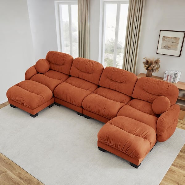 150.3 in. Round Arms Chenille U-Shaped Modular Sectional Sofa in Orange with 2 Ottomans and Throw Pillows