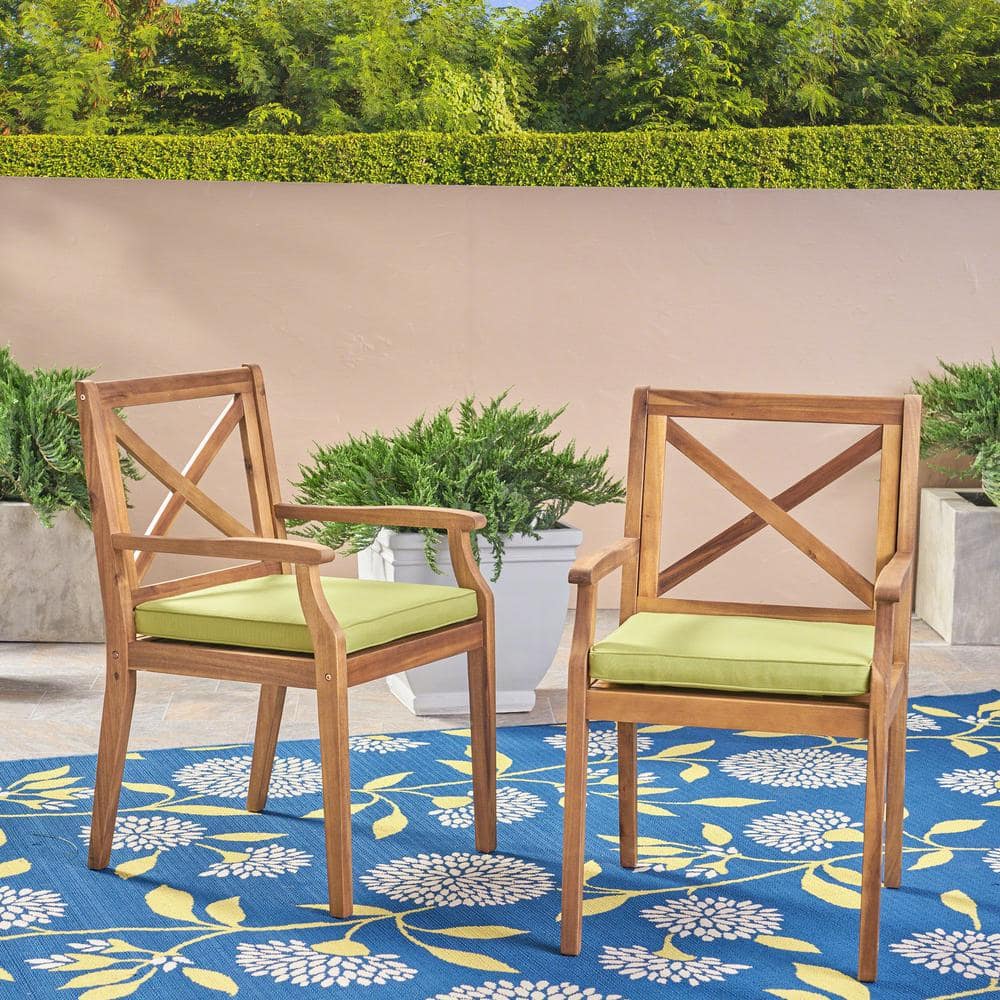 Teak and Acacia Dining Chairs with Green Cushions, Set of 2