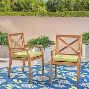 Perla Teak Brown Cross Back Wood Outdoor Dining Chairs with Green Cushions (2-Pack)