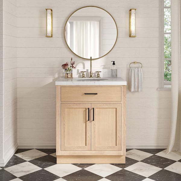 ARIEL Hepburn 30 in. Single Sink Freestanding Bathroom Vanity in Oak with Carrara White Quartz Top