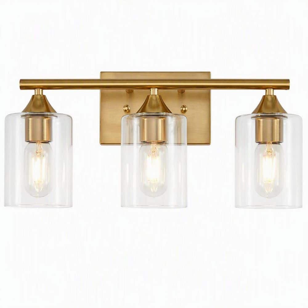 17 in. 3-Light Brushed Gold Vanity Light with Clear Cylinder Glass Shades for Bathroom Mirror, Powder Room Bedroom price history on PriceWatchPro