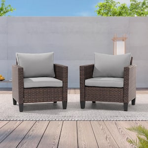 2-Pack Brown Wicker Patio Outdoor Single Sofa with Linen Grey Cushion