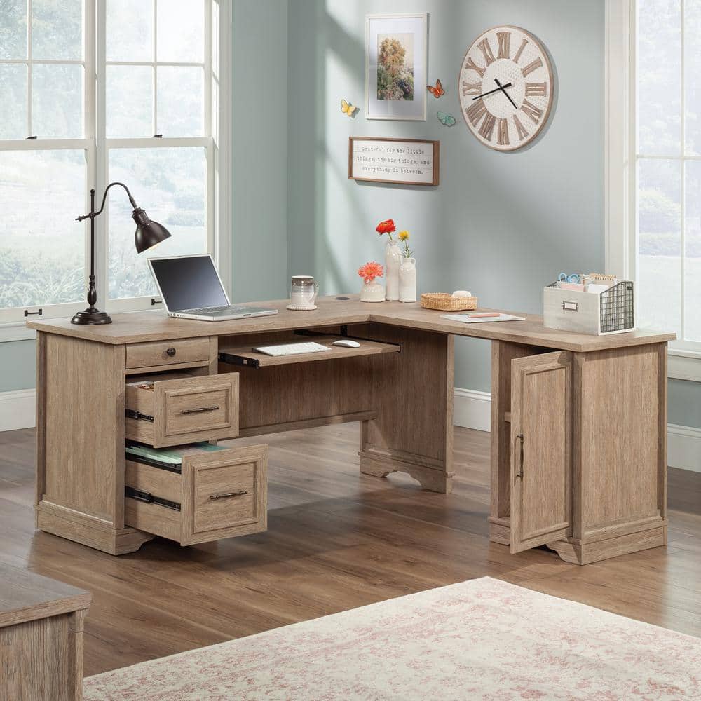 Brushed Oak L-Shaped Executive Desk with Drawers and Keyboard Tray